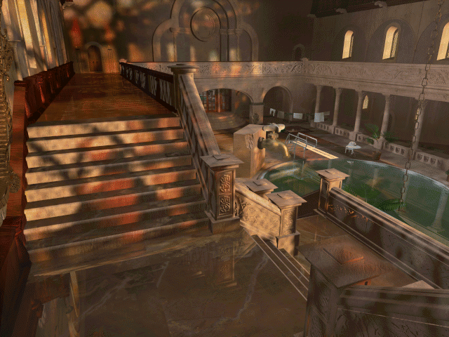Gag: Otvjaznoe Prikluchenie (Windows) screenshot: Castle - hall with swimming pool