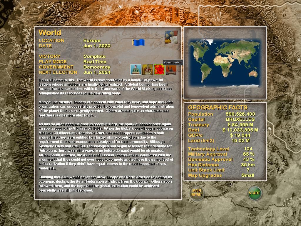 Supreme Ruler 2010 (Windows) screenshot: This is the "World Map" scenario. The biggest map in the game, however with limited country (or in this case, region) selection.