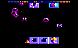Bedlam (Amstrad CPC) screenshot: Ship shoots alien formations. Background consists of square platforms.