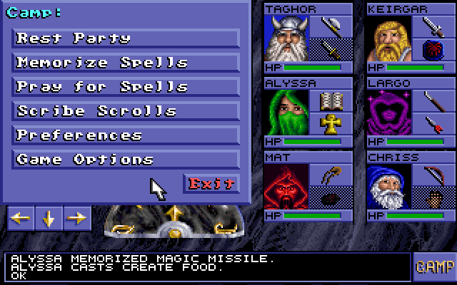 Eye of the Beholder (DOS) screenshot: main in-game menu (mostly used for healing characters, or saving a game)