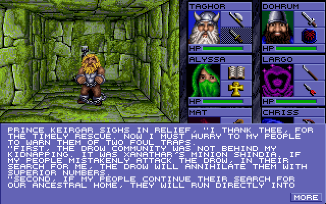 Eye of the Beholder (DOS) screenshot: saving the prince is one step towards stoping the war btween Drowes and Dwarves