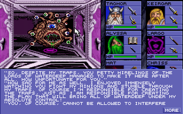 Eye of the Beholder (DOS) screenshot: Mr. Evil himself. The main bad guy, pretty fast though.