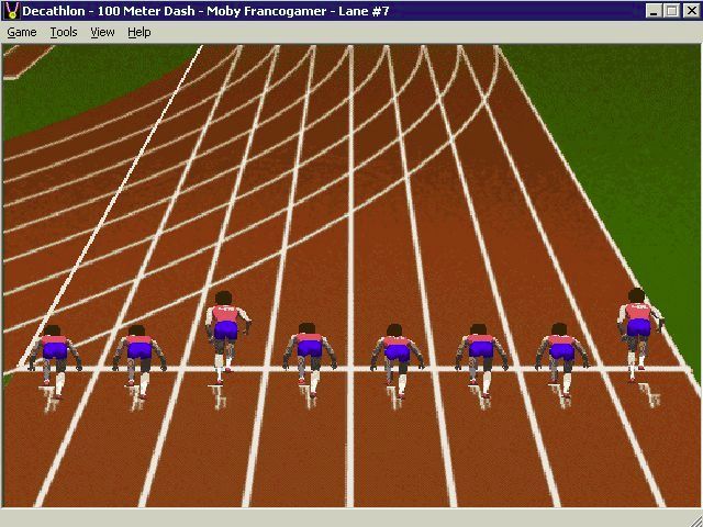 Bruce Jenner's World Class Decathlon (Windows) screenshot: A 'real' decathlon. All athletes look the same, possibly because only one has been created, so it's good that the player's athlete is always centre screen