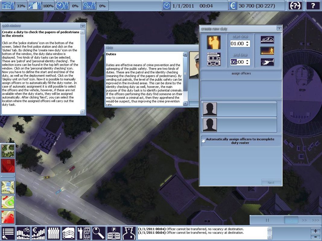 Police Simulator (Windows) screenshot: There are two kinds of duty that can be assigned. Policemen can be assigned to stop people and check ID cards or they can be assigned to patrol duties