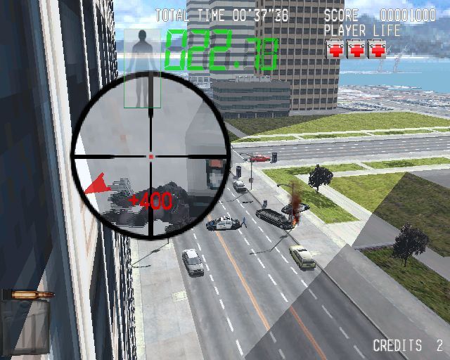 Silent Scope (PlayStation 2) screenshot: Whenever a bad guy is hit the player is given a score and an indication where the next target is