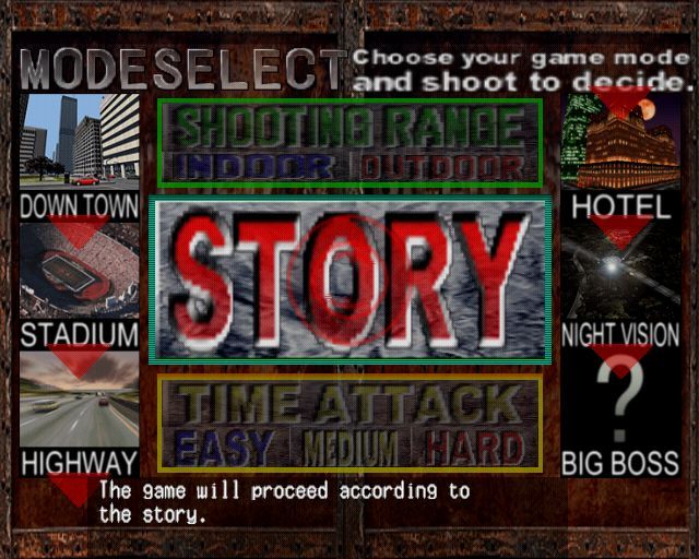 Silent Scope (PlayStation 2) screenshot: Opt to play the game and this screen is presented. In Story Mode only Downtown is available, other locations are locked at this point