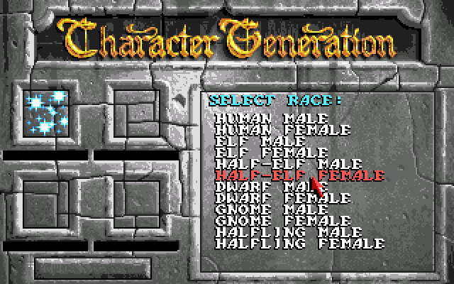 Eye of the Beholder (Amiga) screenshot: Character generation screen.