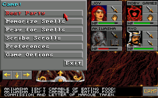 Eye of the Beholder (Amiga) screenshot: Ingame menu allows you to adjust some game option, rest and/or heal party, and other stuff.
