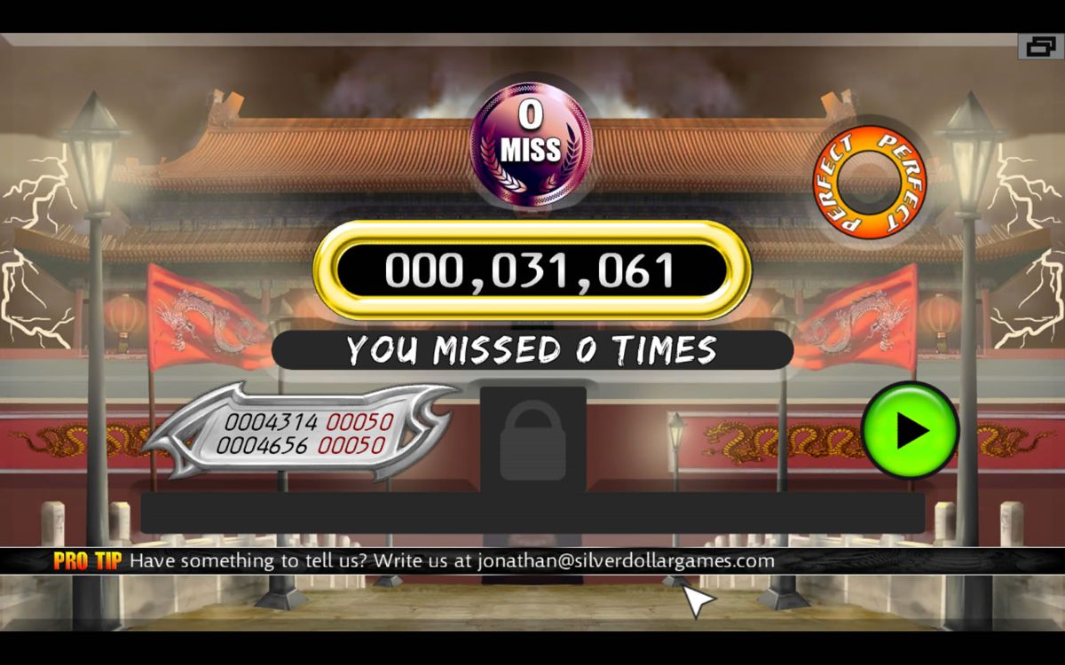 One Finger Death Punch (Windows) screenshot: Level completion screen with the score and a medal