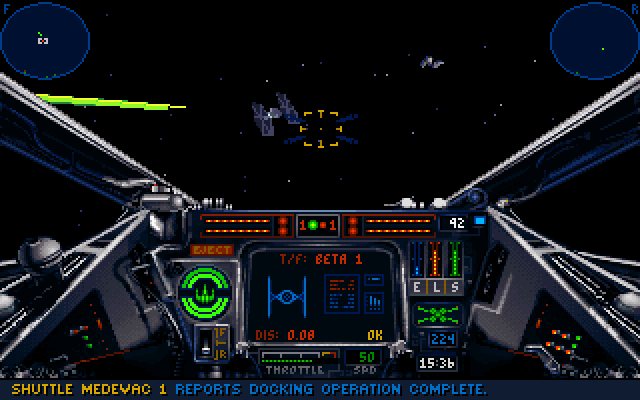 Star Wars: X-Wing (DOS) screenshot: One of the enemy TIE Fighters...