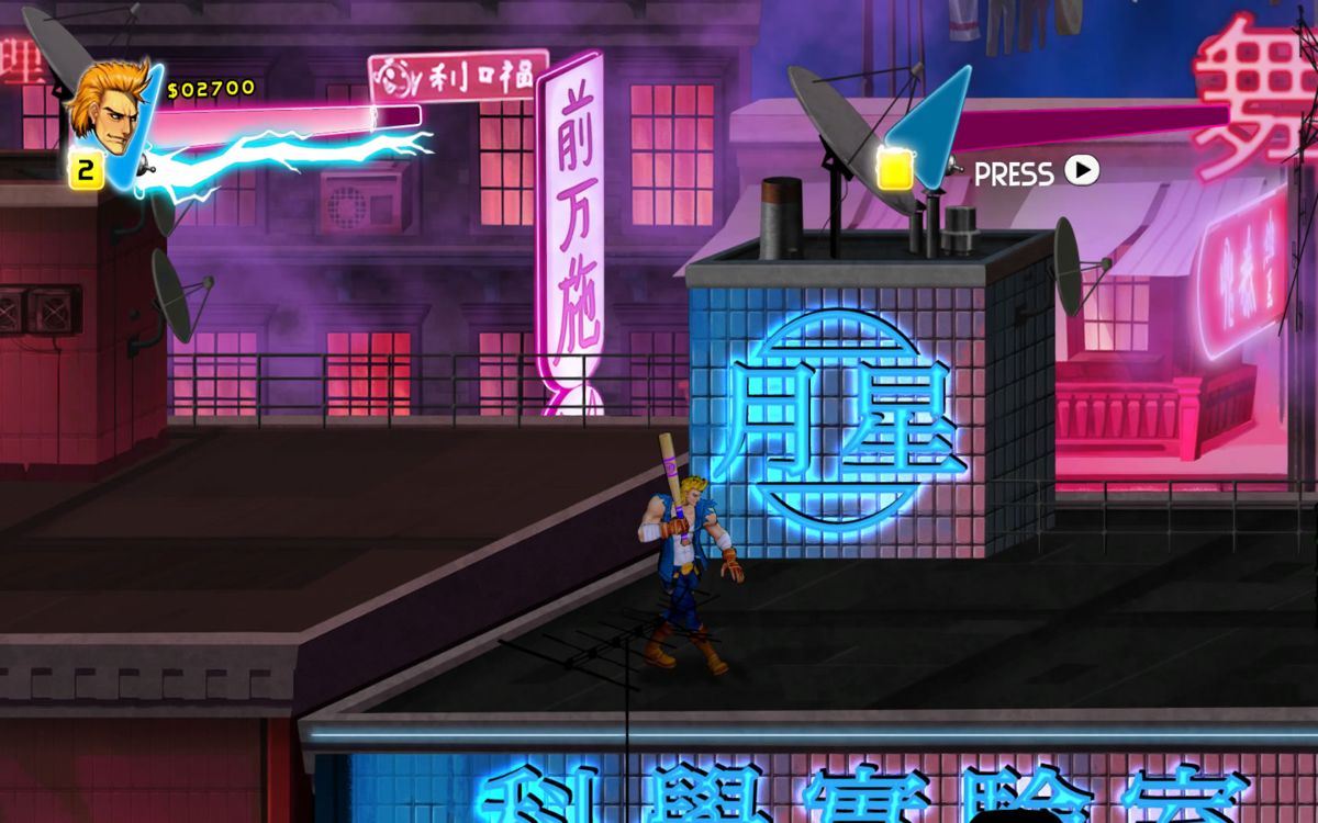 Double Dragon Neon (Windows) screenshot: On the roofs carrying a baseball bat.