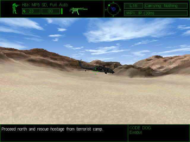 Delta Force (Windows) screenshot: "Black Widow", your Blackhawk transport after insertion into Chadian desert