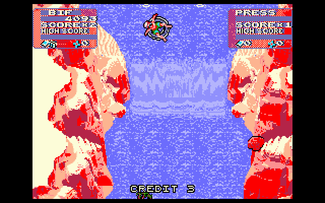 Toobin' (DOS) screenshot: lookout, a waterfall! - VGA