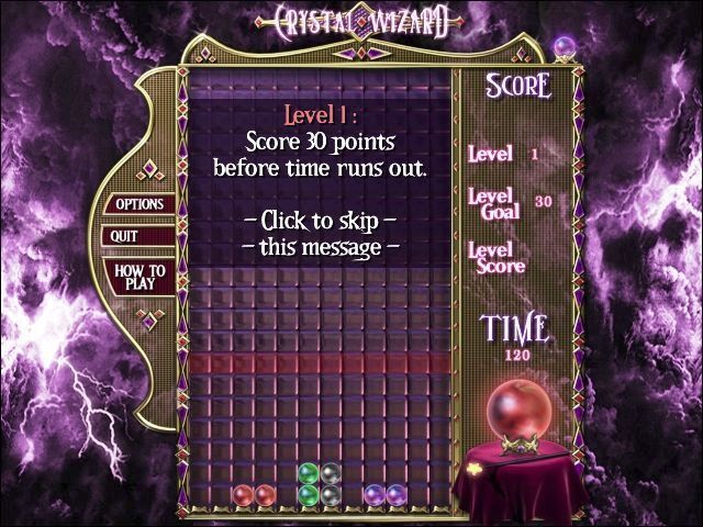 Crystal Wizard (Windows) screenshot: The start of the main game. Objectives are clearly defined at the beginning and the first few levels are really easy to accustom the player to the game mechanics