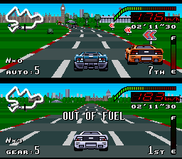 Top Gear (SNES) screenshot: To prevent the gasoline lack on race, use the PITS with caution!