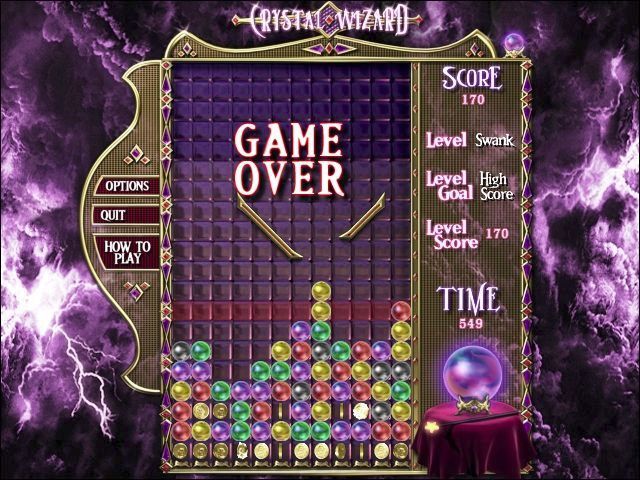Crystal Wizard (Windows) screenshot: SWANK is another timed bonus level but with ramps to make attaining a high score difficult. Here the game has ended because the stack has breached the floodline