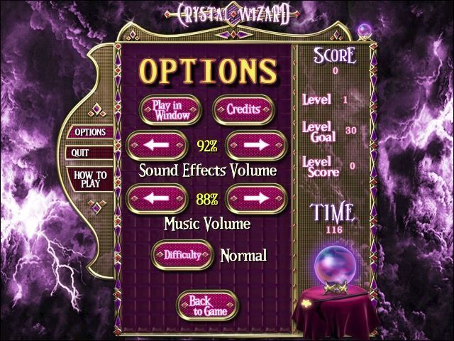 Crystal Wizard (Windows) screenshot: The game control options
