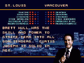 Brett Hull Hockey 95 (Genesis) screenshot: Team statistics before the match