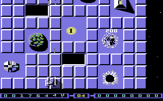 Bedlam (Commodore 64) screenshot: In this version, pickups appear under destroyed structures. The T stands for Teleport (to bonus level).