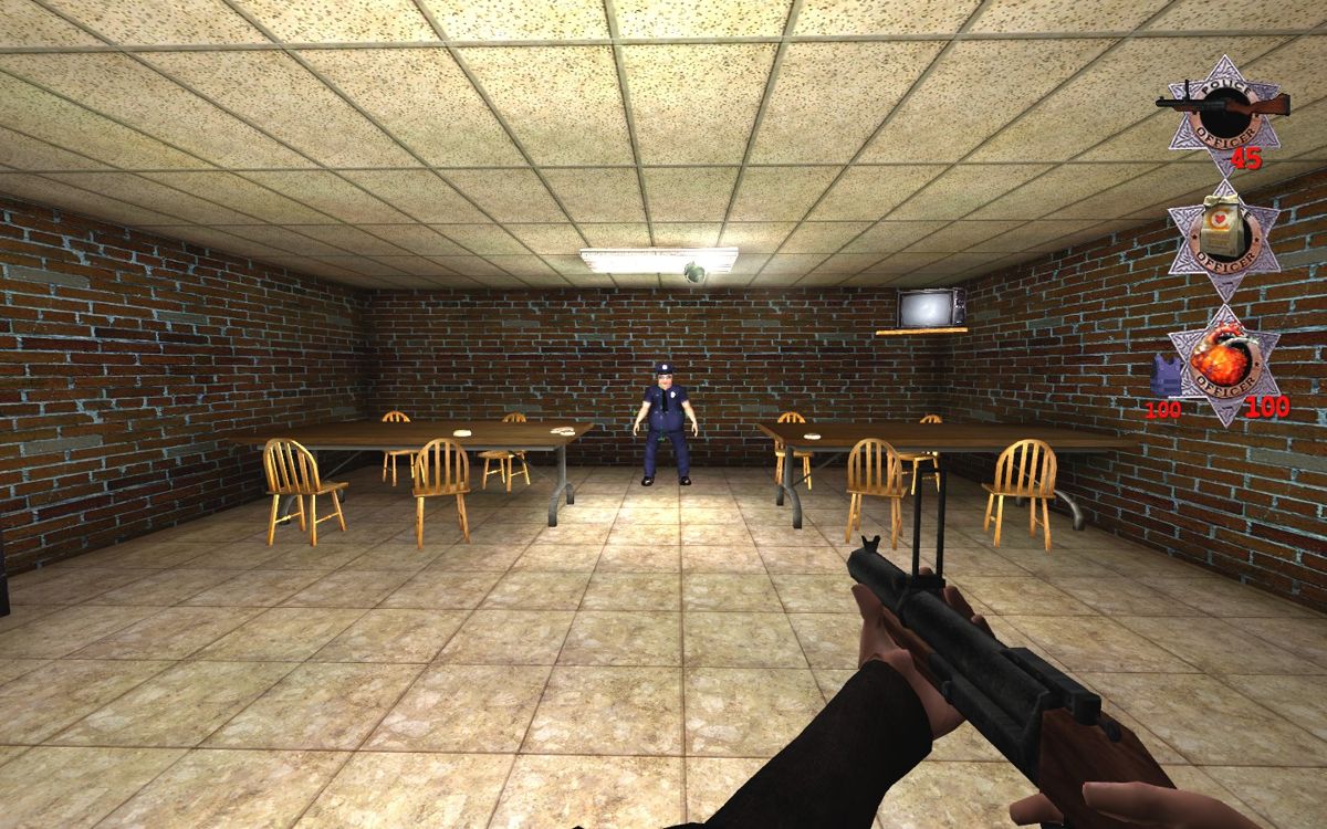 Postal²: Complete (Windows) screenshot: Launching a grenade at a cop.