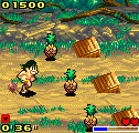 Jungle Run (ExEn) screenshot: Catch bonuses (pineapples) and use jumper to jump farther then the simple jump with 5. The blue gauge shows the remaining distance to finish the level.