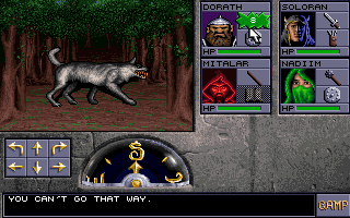 Eye of the Beholder II: The Legend of Darkmoon (DOS) screenshot: The woods - fighting a wolf!