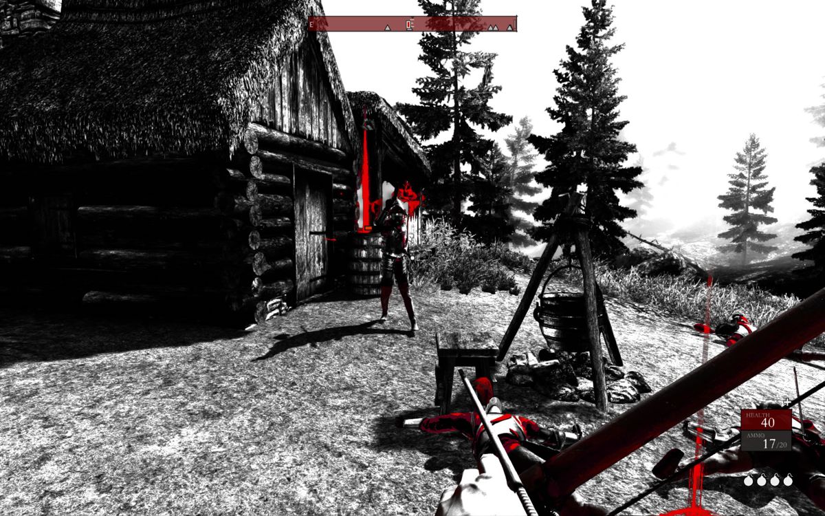 Betrayer (Windows) screenshot: Clearing a village of enemies to claim it as a destination.