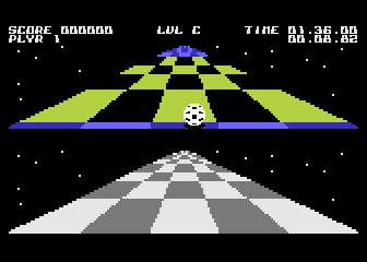 Trailblazer (Atari 8-bit) screenshot: Jump on the green ones to get through here.