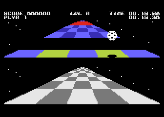 Trailblazer (Atari 8-bit) screenshot: Jumping over the hole.