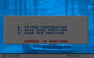 Toyota Celica GT Rally (DOS) screenshot: One of the game menus (VGA)