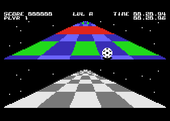Trailblazer (Atari 8-bit) screenshot: Green increases speed and red decreases.