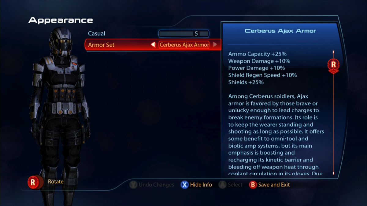 Mass Effect 3: Alternate Appearance Pack 1 (Xbox 360) screenshot: Effects and description for the Cerberus Ajax Armor