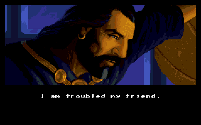Eye of the Beholder II: The Legend of Darkmoon (Amiga) screenshot: Intro opens as your ol' friend ask you to help him unravel the mystery of a dark scheme.