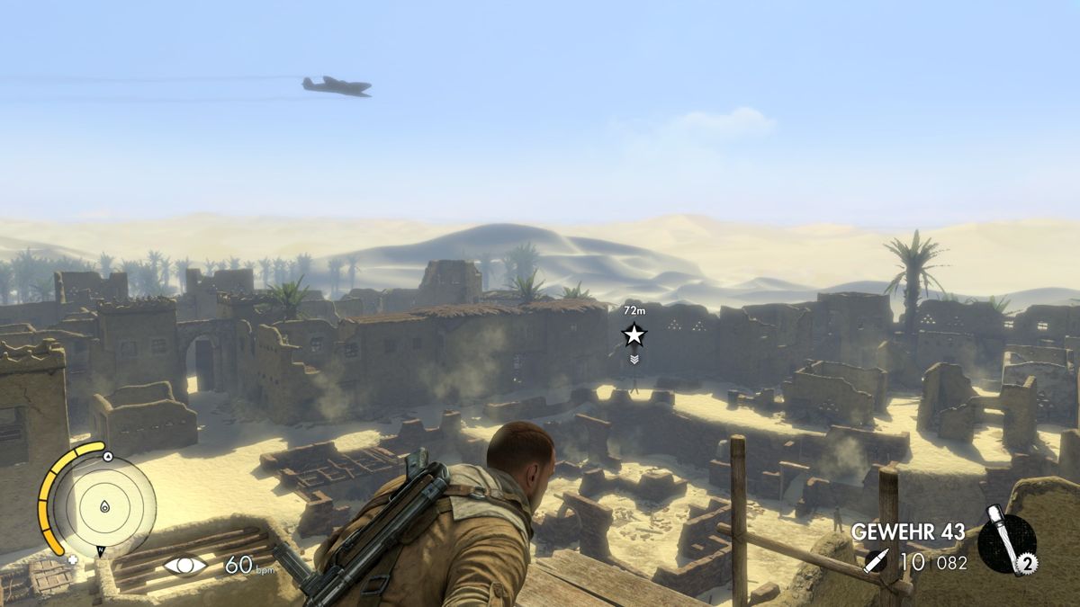 Sniper Elite III: Afrika (PlayStation 4) screenshot: Passing by planes will often camouflage the fire sound from your sniper rifle, so use that to your advantage if you don't want your location to get revealed