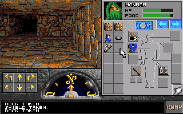 Eye of the Beholder II: The Legend of Darkmoon (Amiga) screenshot: Equipping one of your characters before you proceed deeper into these catacombs.