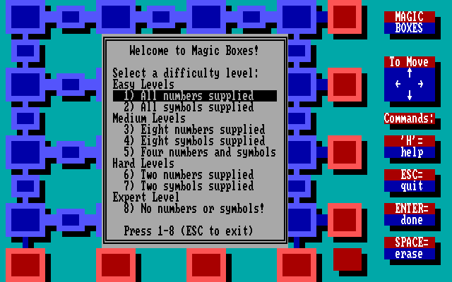 Magic Boxes (DOS) screenshot: The main menu