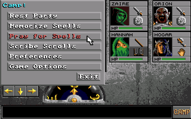 Eye of the Beholder II: The Legend of Darkmoon (Amiga) screenshot: Ingame menu doesn't much differ from its originator.