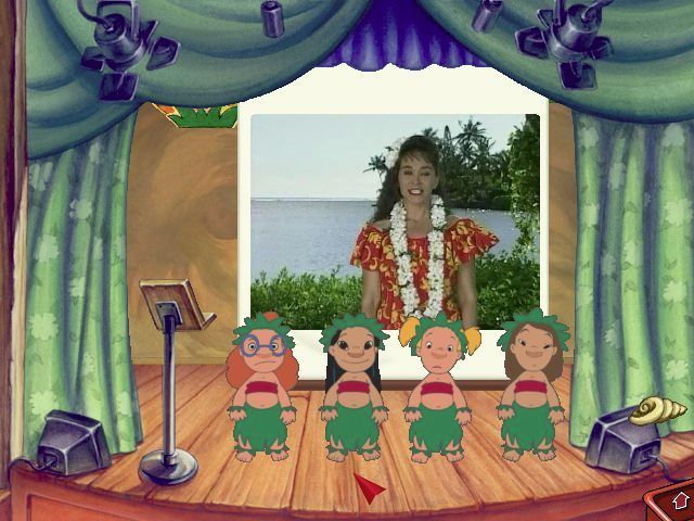 Disney's Lilo & Stitch: Hawaiian Discovery (Windows) screenshot: The game starts in Lilo's Pa Hula. It's a dance school where the player gets to watch a short dance lesson and click on objects and watch the amusing animations they trigger