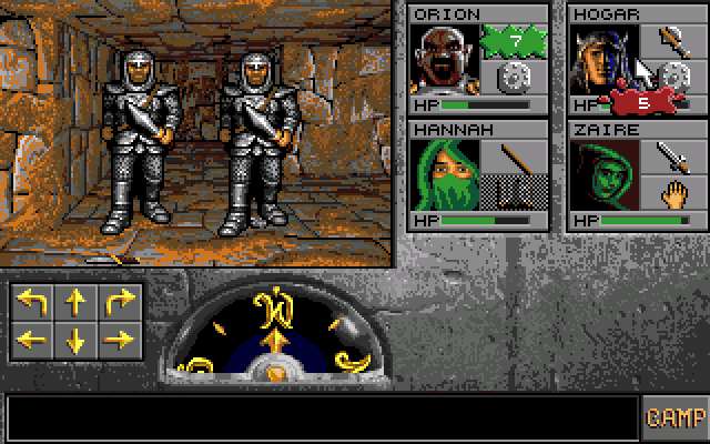 Eye of the Beholder II: The Legend of Darkmoon (Amiga) screenshot: Fighting the guards that woke up on left foot.