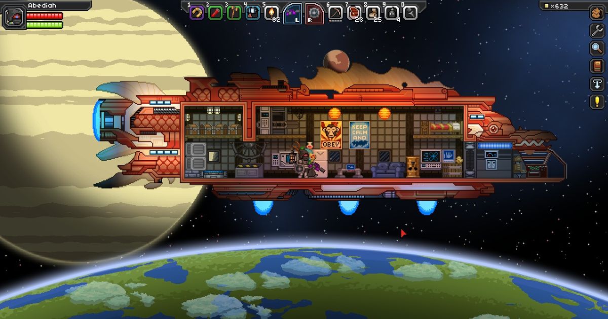 Starbound (Windows) screenshot: ... For example, the aquatic Hylotl species starts off with a fish-themed spaceship.