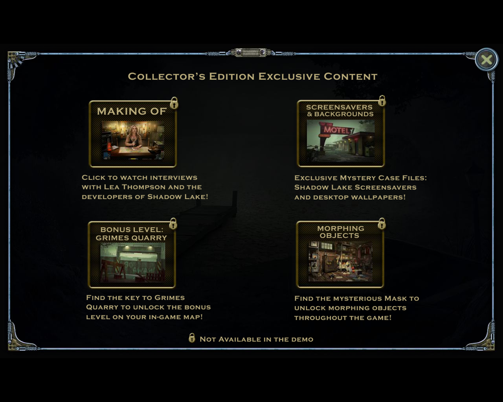 Mystery Case Files: Shadow Lake (Collector's Edition) (Windows) screenshot: Bonus items menu, all of which are locked in the demo