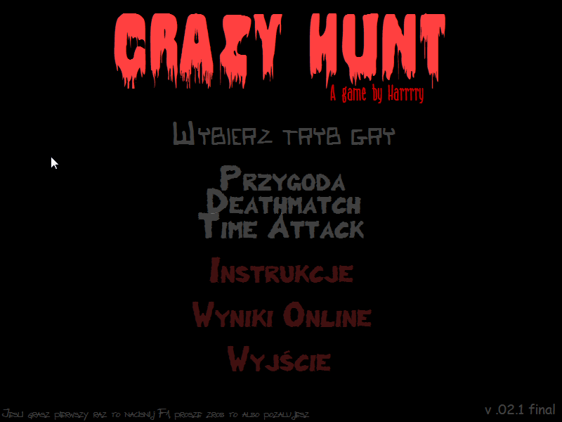 Crazy Hunt (Windows) screenshot: Title and main menu. The menu says: Select a Game Mode, Adventure, Deathmatch, Time Attack, Instructions, Online High Scores, Exit