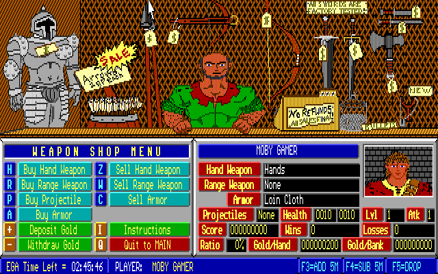 The Pit (DOS) screenshot: Weapons shop (EGA)