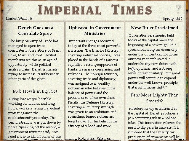 Imperialism (Windows) screenshot: here is where you will get info on what is going on in your world