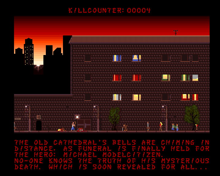 Damage: The Sadistic Butchering of Humanity (Amiga) screenshot: Slightly less people walking the streets in the evening