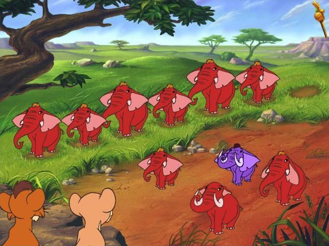 Disney's The Lion King II: Simba's Pride - Active Play (Windows) screenshot: The elephant game where the player must deduce the pattern and select the correct elephant to complete the troop