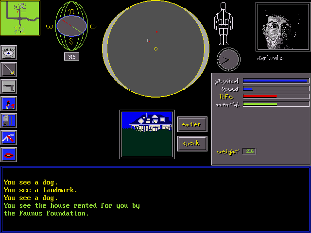 Defender of Boston: The Rock Island Mystery (DOS) screenshot: Travelling - This your rented house from the outside. The big circle is a radar that detects any "big" object near you. It doesn't detect small items though.