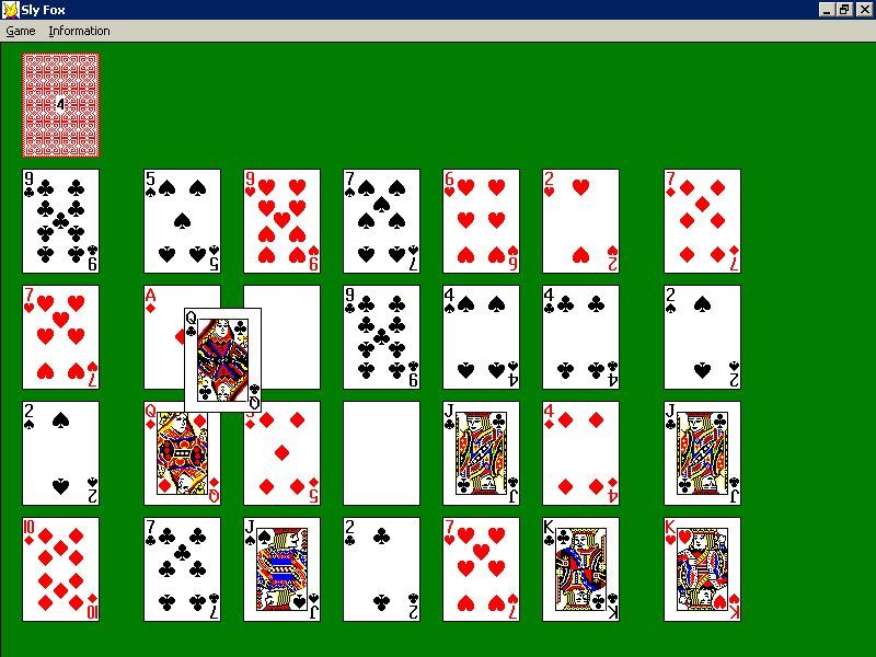 Solitaire King: Sly Fox (Windows 3.x) screenshot: The last buffer of twenty cards, the queen of Spades, has been dealt and is being placed onto the game area On the left the player has ascending sequences, on the right the sequences are descending