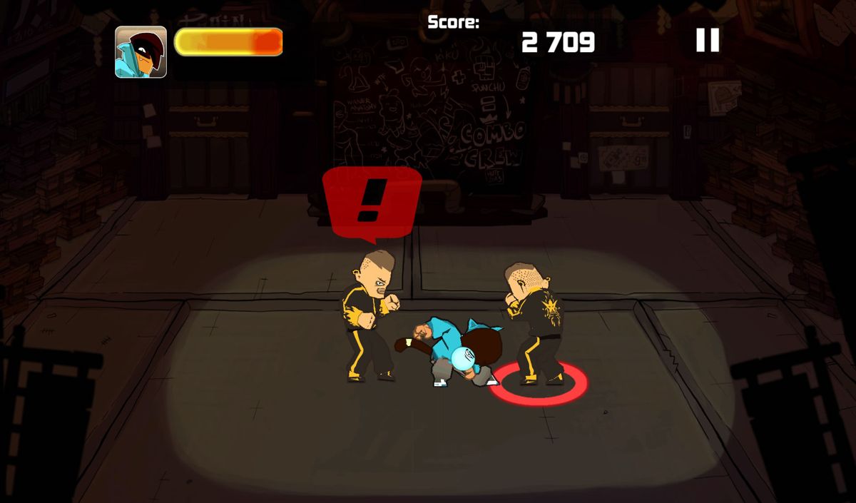 Combo Crew (Android) screenshot: Parker is charging an attack, but the exclamation mark above the enemy on the left shows he should be blocking instead.