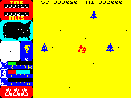 Tranz Am (ZX Spectrum) screenshot: Driving around the country, watch out for those trees.